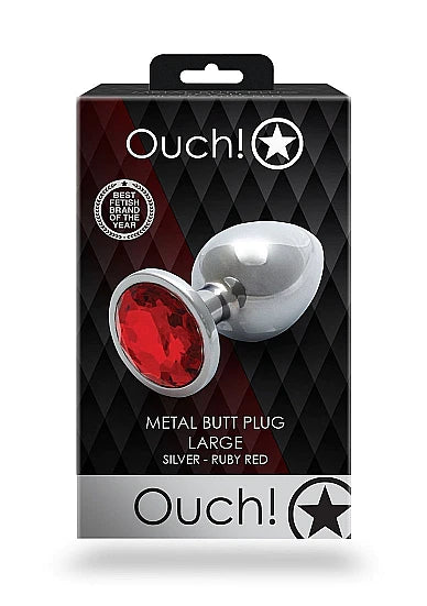 Ouch! Round Gem Butt Plug - Large- Silver / Ruby Red