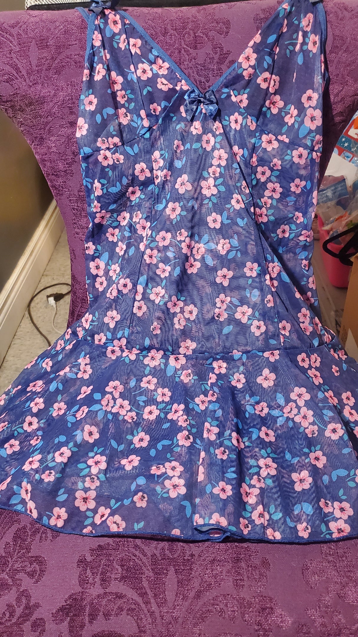 Navy Blue Sheer Babydoll w Pink Flowers in Small