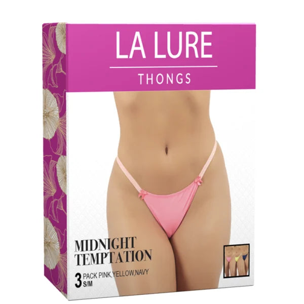 La Lure Thong Midnight Temptation 3 pk (Pink, Yellow, Navy) Large/Extra Large