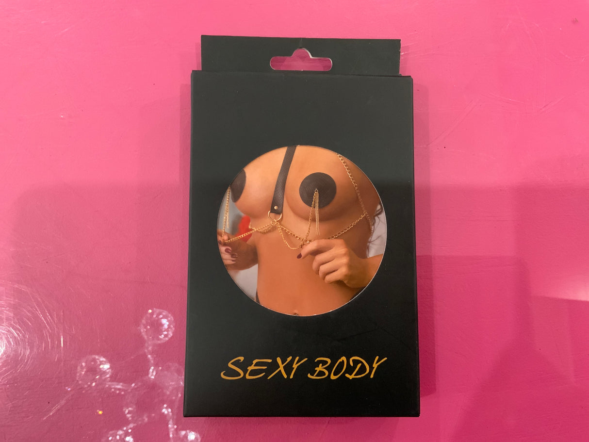 Sexy Body Snake Skin choker + Gold chain nipple tassels