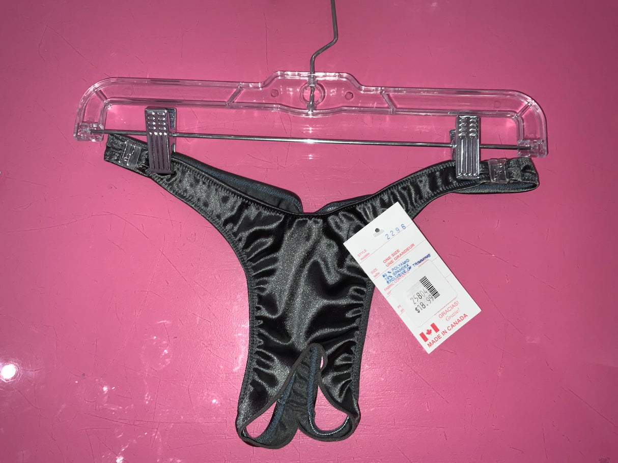 Dark Grey Wet Look Crotchless Thong Q/S