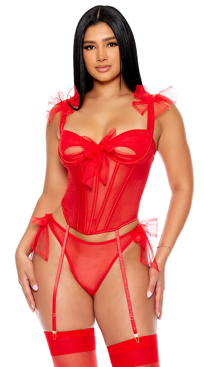 RED UNWRAP ME MESH BOW DETAIL BUSTIER SET SIZE XL