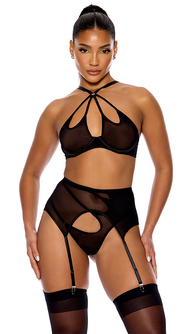 BLACK FEELING BUTTERFLIES MESH HALTER BRA SET XL