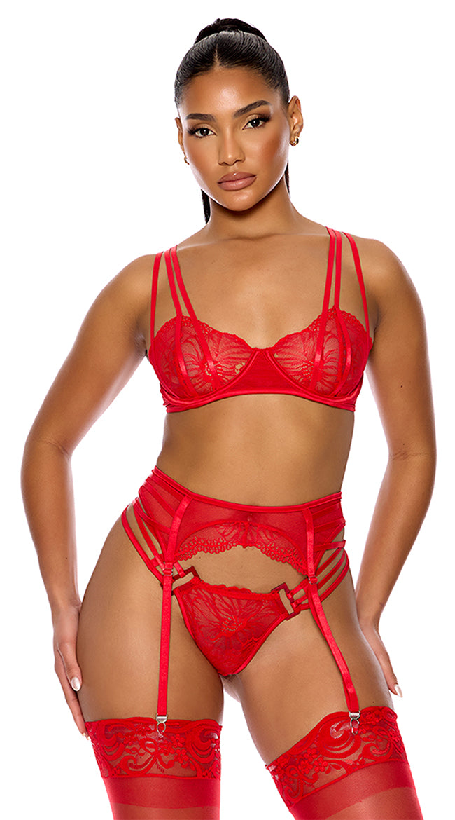 RED DOUBLE STRAPPY LACE BRA AND GARTER SET SIZE M