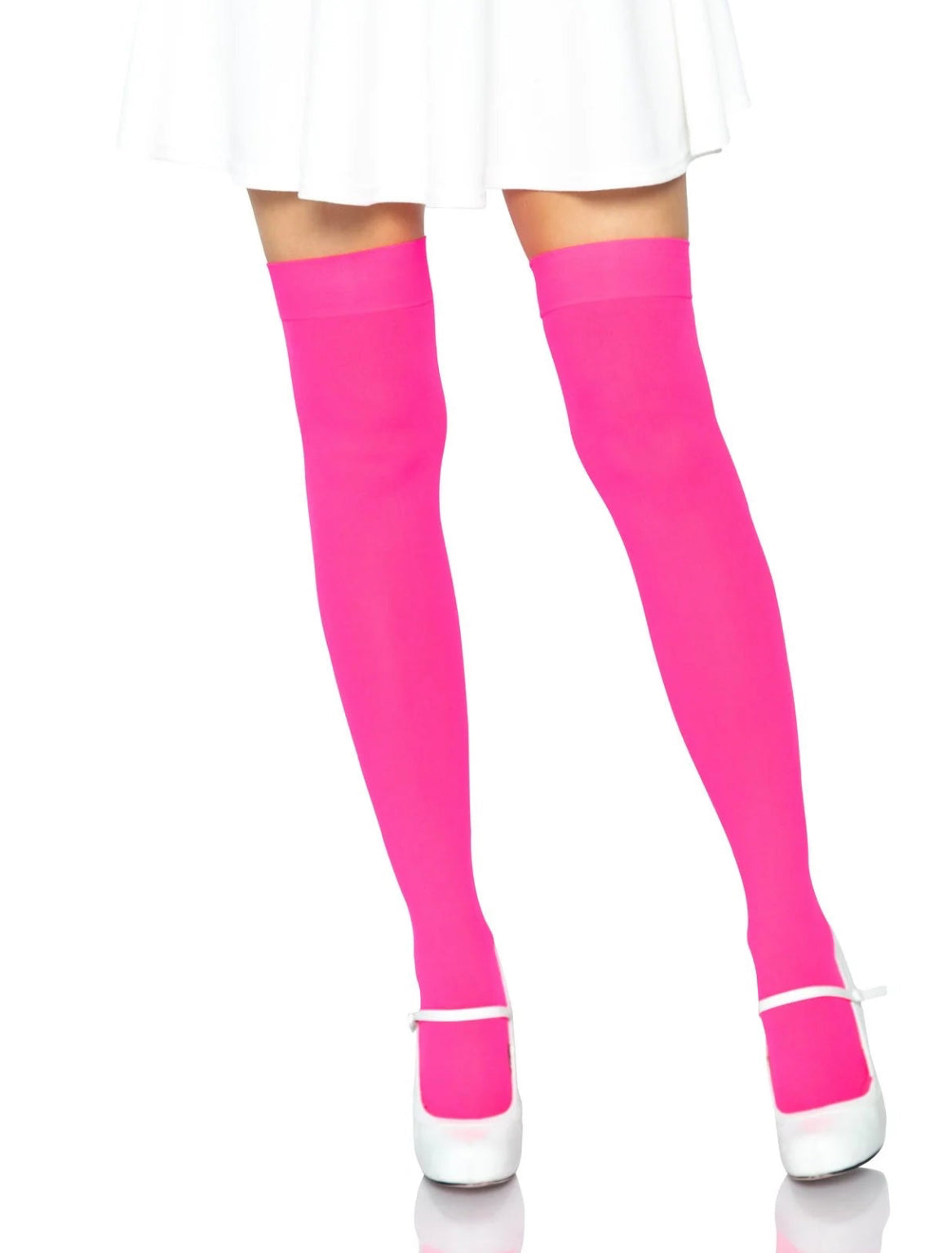 Neon pink opaque nylon thigh highs o/s