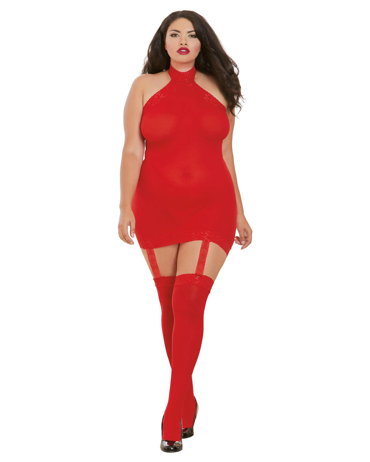 Dreamgirl Red Sheer Body Stocking with Garter & Thigh high Q/S