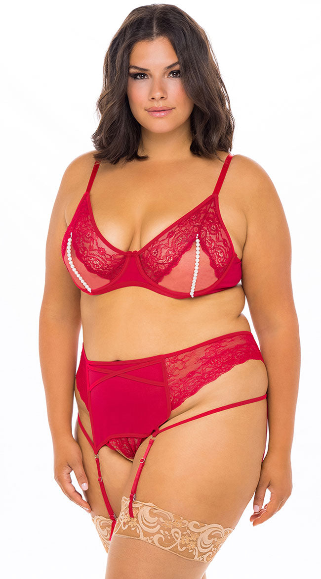 RED PLUS SIZE PEARL BRA SET 1X-2XL