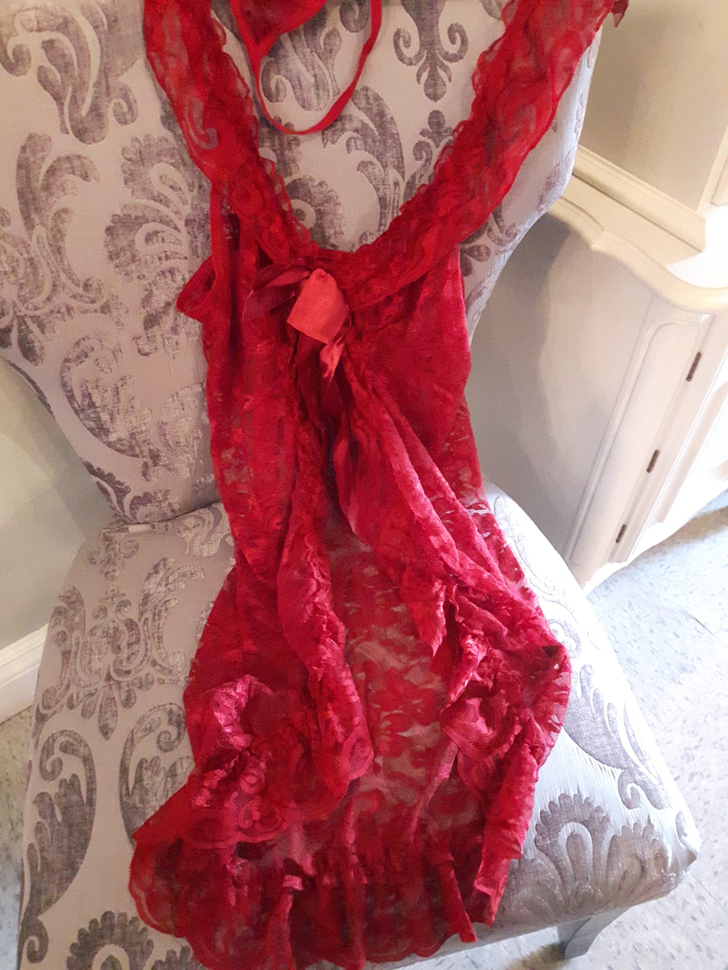 Yoins Lace Nightie With Ribbon in Burgandy XL