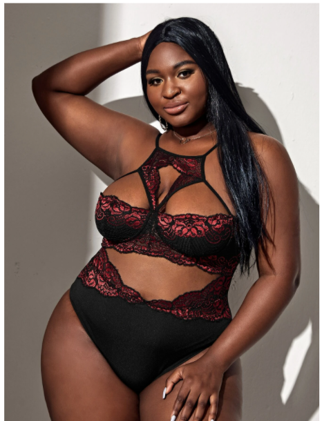 Plus Cut Out Contrast Lace Teddy Bodysuit size 2XL