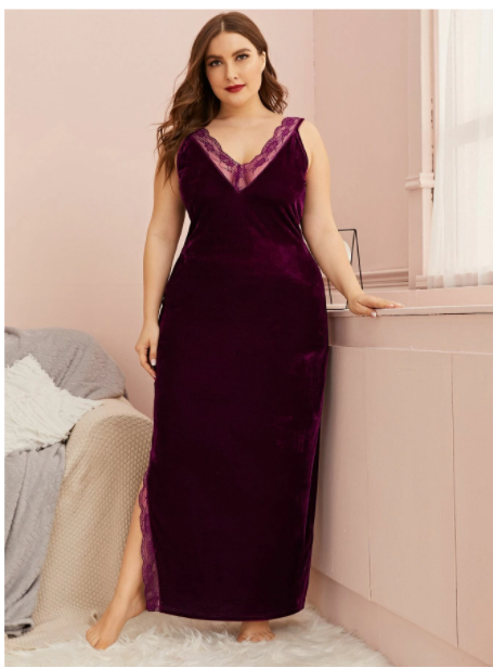 Lace Trim Slit Side Velvet Nightdress Size 1XL
