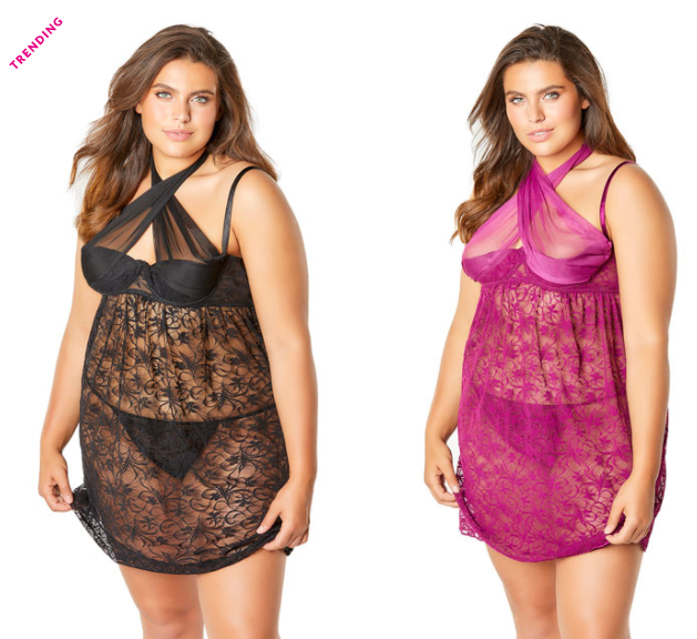 PLUS SIZE ABELINA LACE EMPIRE WAIST BABYDOLL SET 3x/4xl Plum or Black