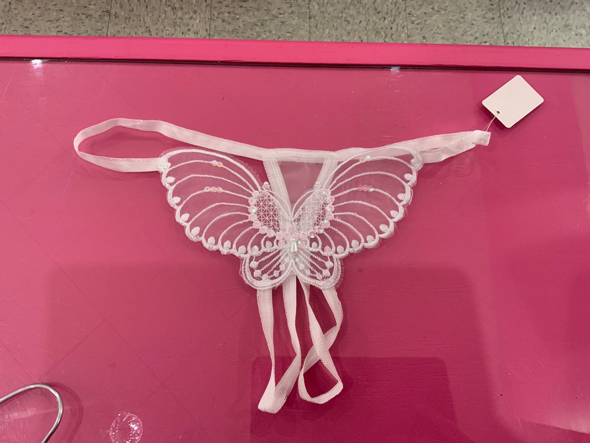 White Lace Butterfly Open back thong