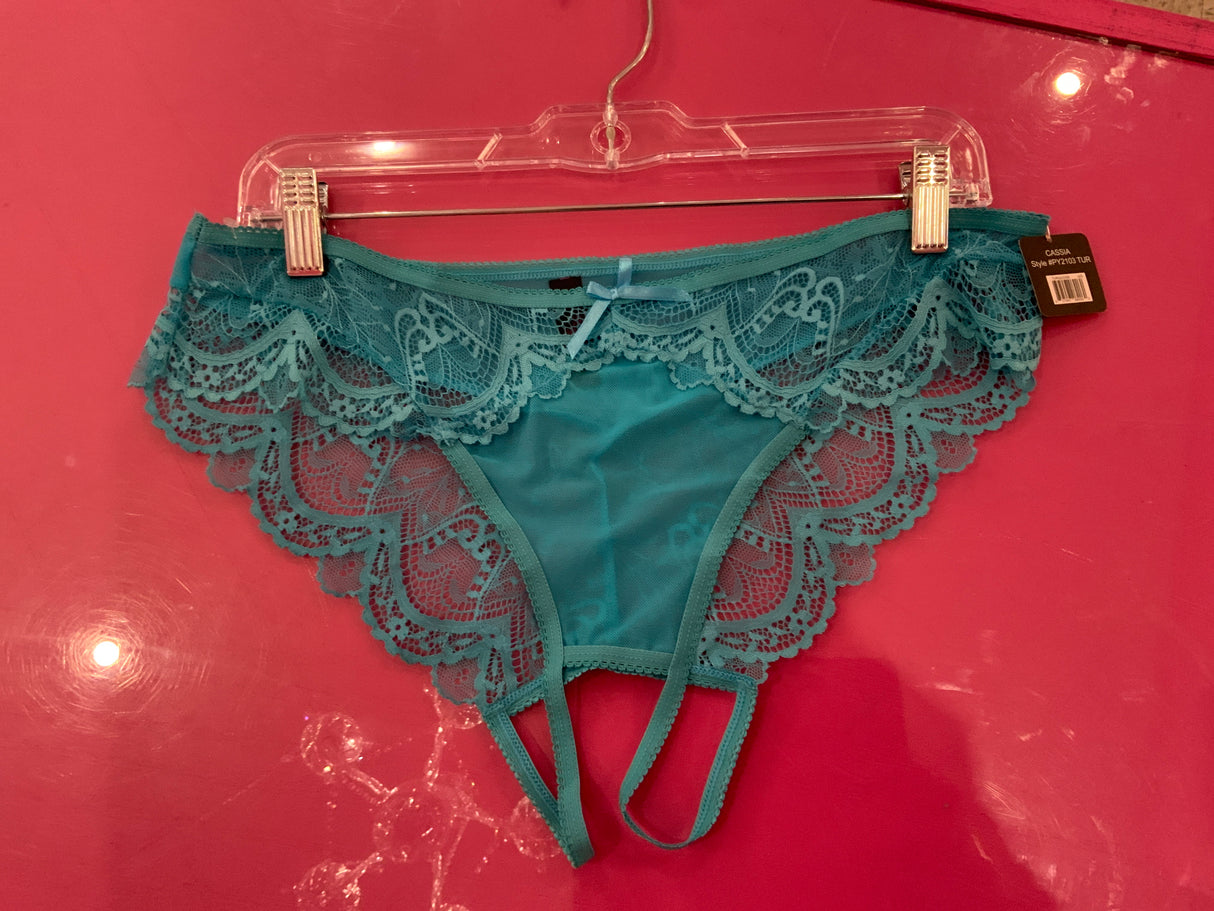 BOTTOMS UP lace poppy Crotchless panty turquoise QS