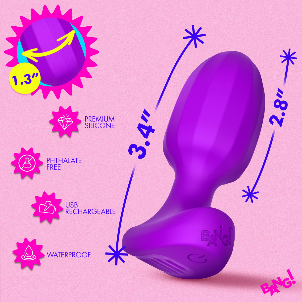 Bang Ribbed Vibrating Silicone Butt Plug Purple