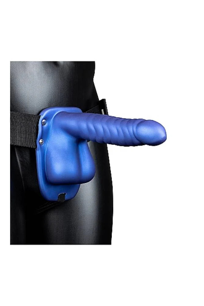 Ouch Ribbed Metallic Blue Hollow Strap-on with Balls 8”