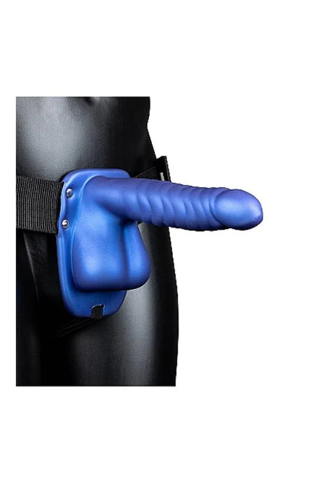 Ouch Ribbed Metallic Blue Hollow Strap-on with Balls 8”