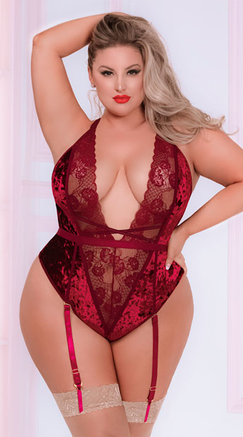 BURGUNDY BLOSSOM CRUSHED VELVET TEDDY SIZE 3X/4XL